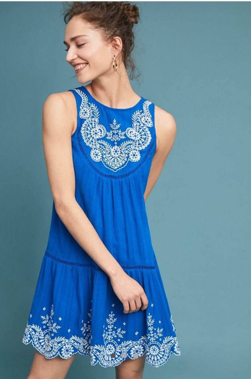 Anthropologie Meadow Rue Sapphire Sleeveless Embroidered Scalloped Dress Size M